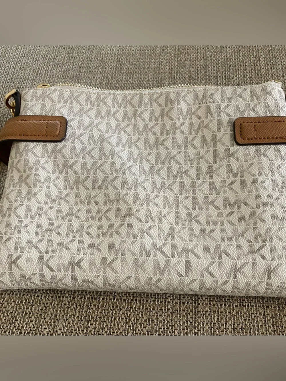 Michael Kors Cream Signature Crossbody with Brown Trim and Gold Accents